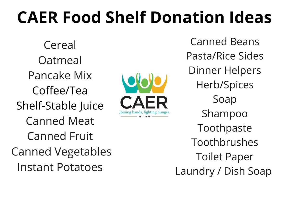 CAERFoodShelf's tweet photo. Interested in donating to CAER? Planning on organizing a food drive? Check out some ideas of the most needed items at CAER Food Shelf. https://t.co/MyrYBRUk5R