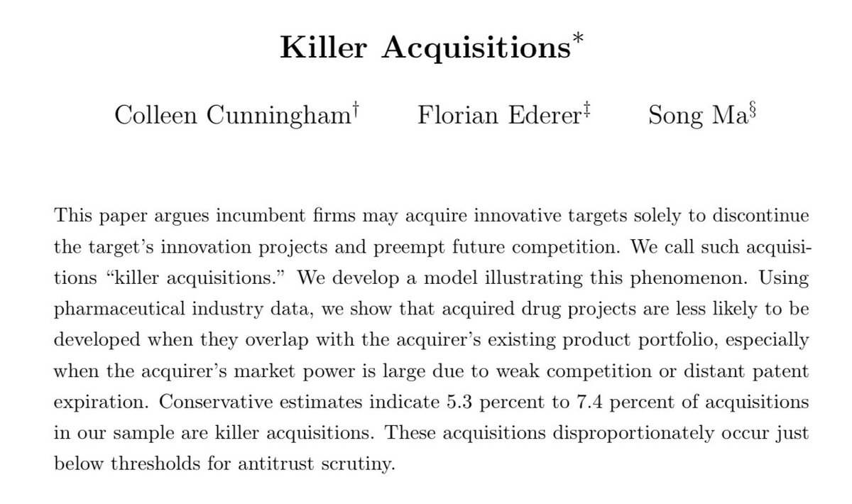 emollick's tweet photo. At least 5-7% of startups that are acquired are bought because a large company wants kill the startup’s disruptive ideas rather than develop them. Interestingly, these purchases occur just before the target reaches a size meriting antititrust interest 🧐. https://t.co/Gi94BXIPqw https://t.co/iToq2aHvx2