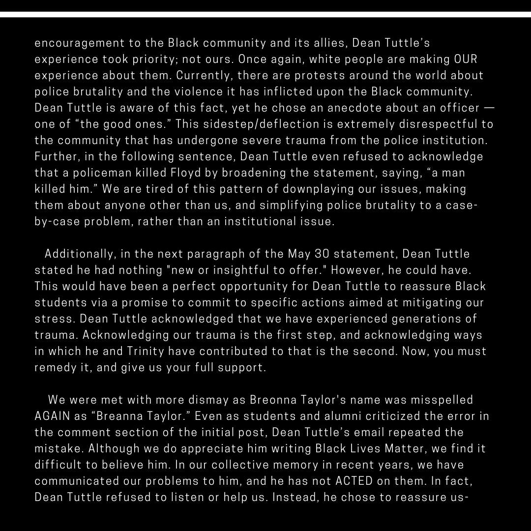 trinityutdc's tweet photo. Please take the time to read this message from BSU, ASA and TDC to the Trinity community. Black lives matter! https://t.co/AiSHb5Ubjg