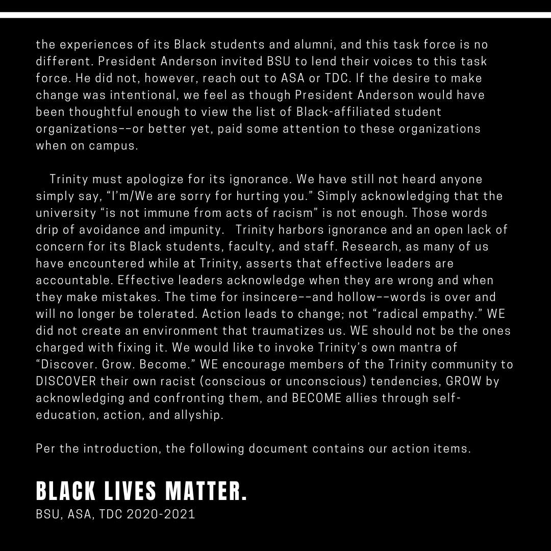 trinityutdc's tweet photo. Please take the time to read this message from BSU, ASA and TDC to the Trinity community. Black lives matter! https://t.co/AiSHb5Ubjg
