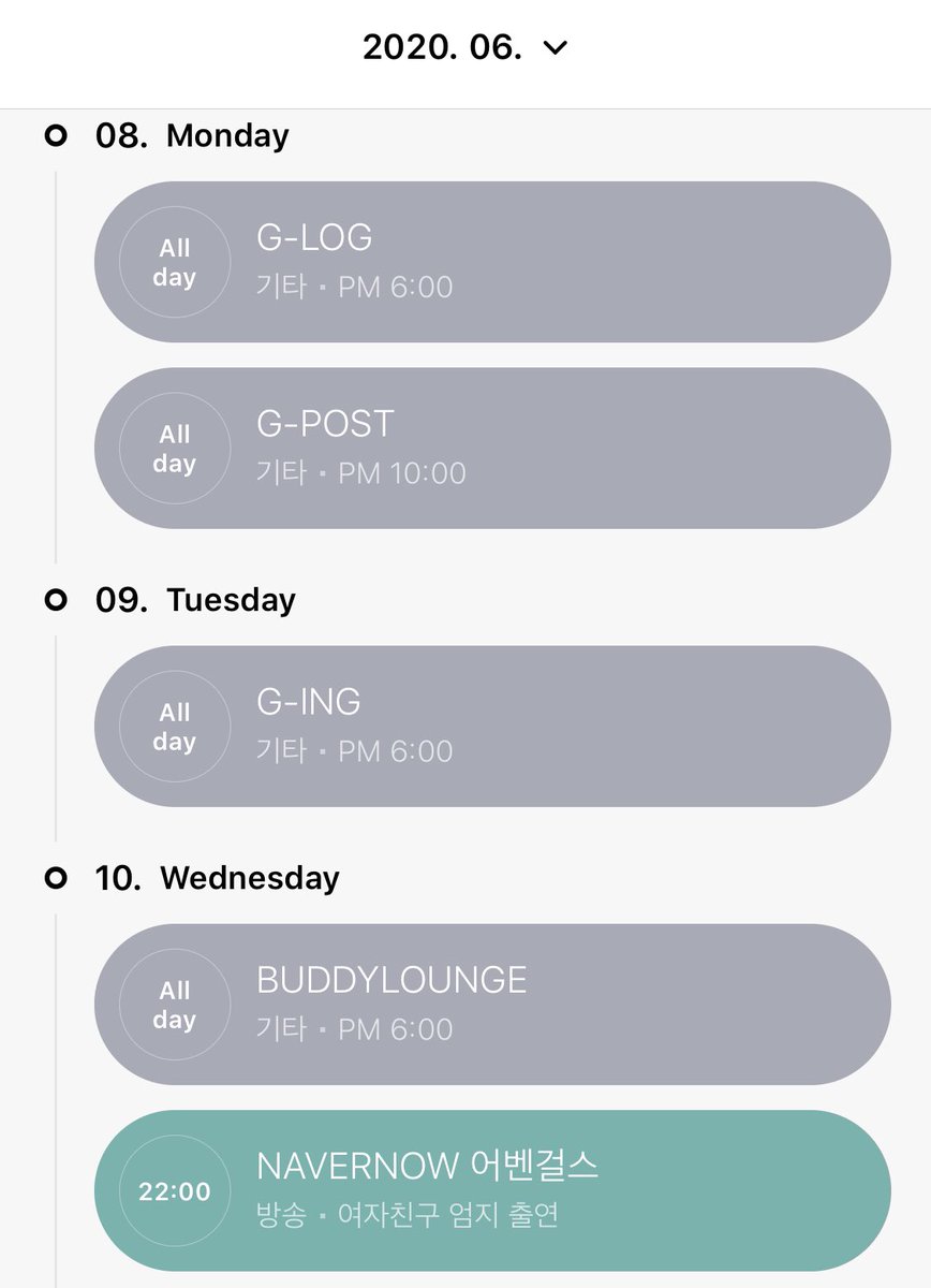 GFSquad__com's tweet photo. [INFO] @GFRDofficial content schedule for this week

June
8 - #G_LOG
#G_POST

9 - #G_ING

10 - Buddy Lounge
Naver Now Avengirls (Umji)

11 - #G_ING

12 - #G_ING https://t.co/C6yTjjfHiK