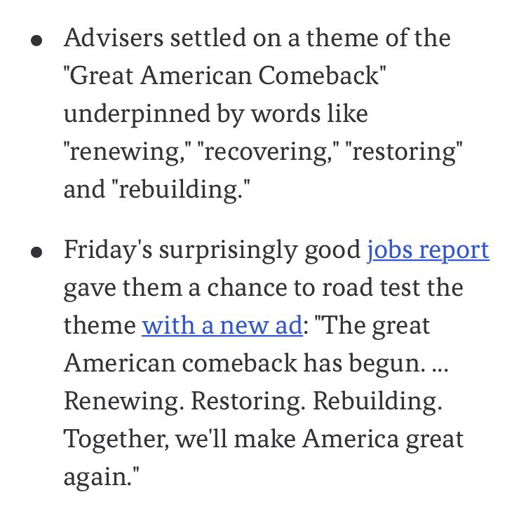Friday June 5,  @TeamTrump had an ad promoting the terms “renewing, restoring” America. Today June 7, Swam scoops that Thursday June 4 the campaign decided to use the term “renewing, restoring.” The ad is out 48 for hours so I guess they decided to use it. What’s the scoop?