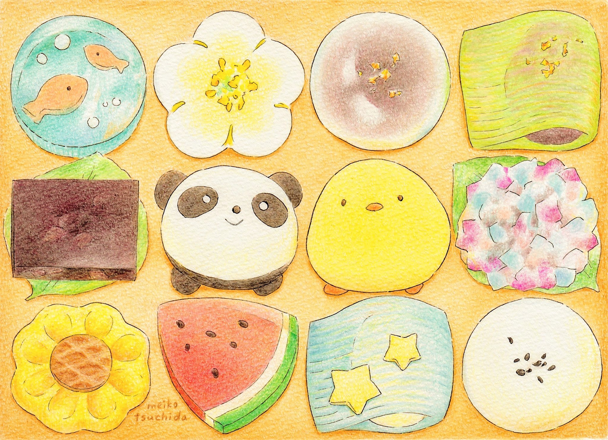 Twitter 上的 つちだ めいこ 夏の和菓子 詰め合わせイラスト パンダとひよこも和菓子です イラスト 色鉛筆 和菓子 T Co Zd5jullgil Twitter