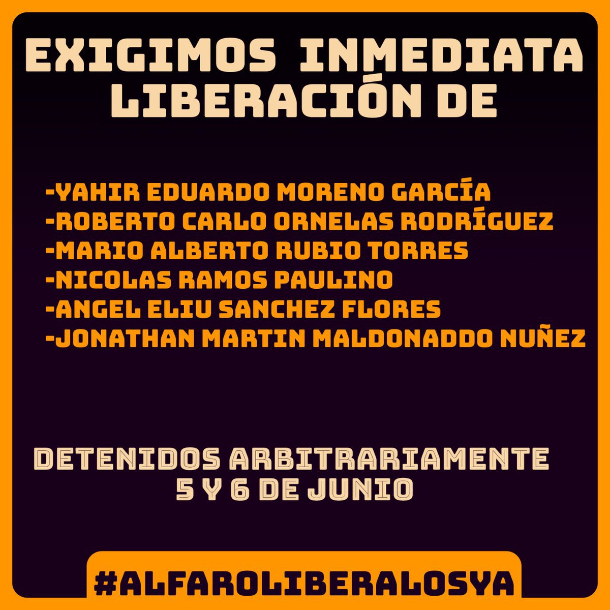 Aún falta que el gobierno de #AlfaroRepresor libere a 6 jóvenes  detenidos de manera arbitraria e  ilegal por policías en #Guadalajara en las protestas por #JusticiaParaGiovanni 

¡Exijimos liberación inmediata!
Basta de arbitrariedades #ACAB