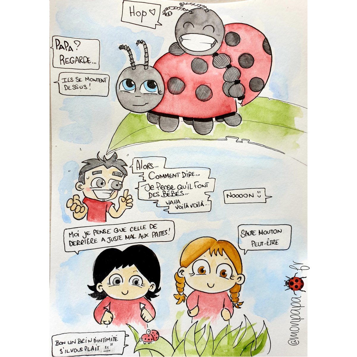 monpapa_fr's tweet image. Petite #anecdote, petite #aquarelle !
Alors que les filles jouaient dans le jardin elles ont croisé 2 coccinelles qui ... profitaient pleinement de leur vie de coccinelle !
J ai pas  pu résister à croquer leurs reflexions... 
#enfant #cocinelle #nature #printemps #🐞