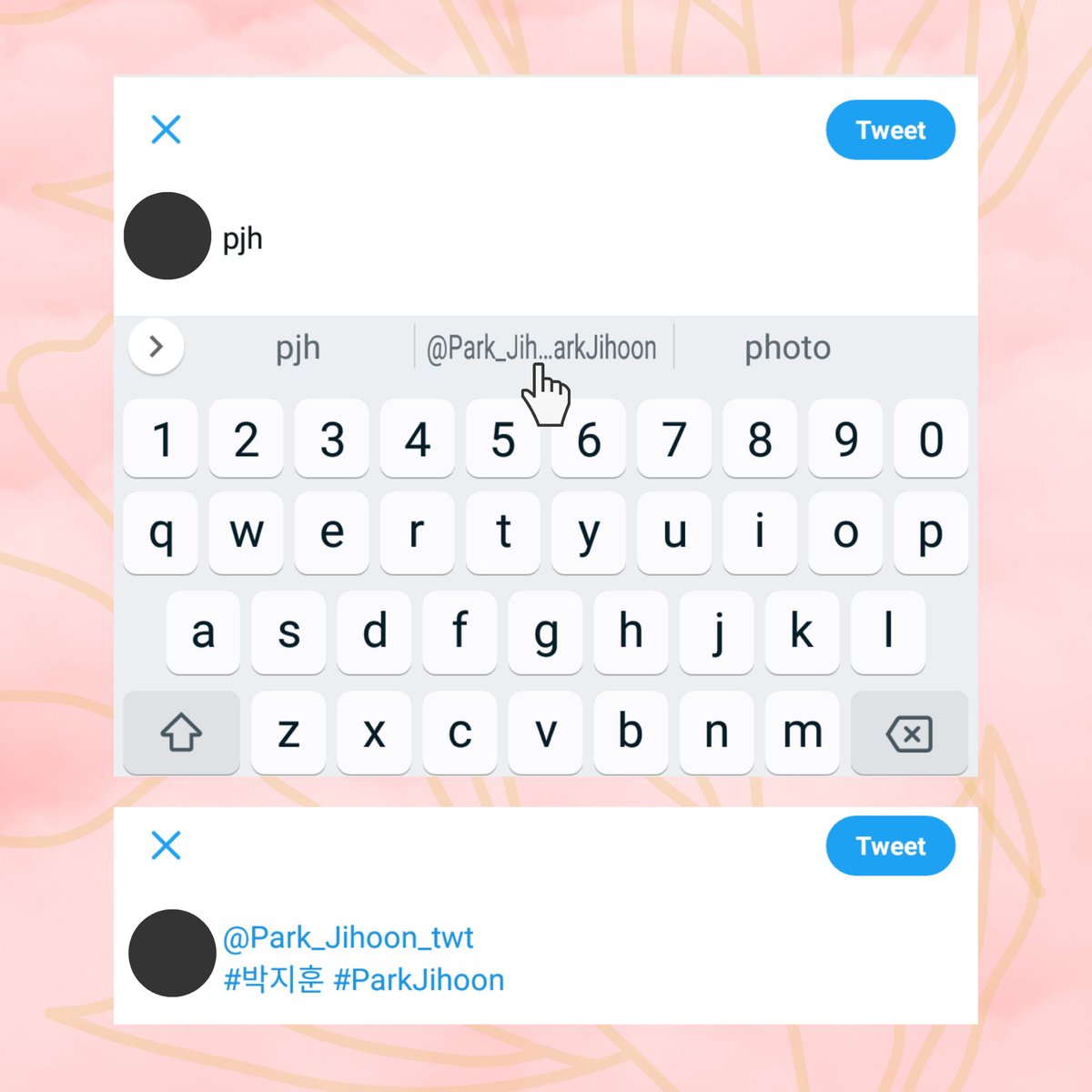 [RT] FAST WAY TO TAG IN TWEETCreate the shortcut in your phone keyboard for faster tag in your tweet!IOS: Text ReplacementAndroid: Google keyboard  @Park_Jihoon_twt  #박지훈  #ParkJihoon
