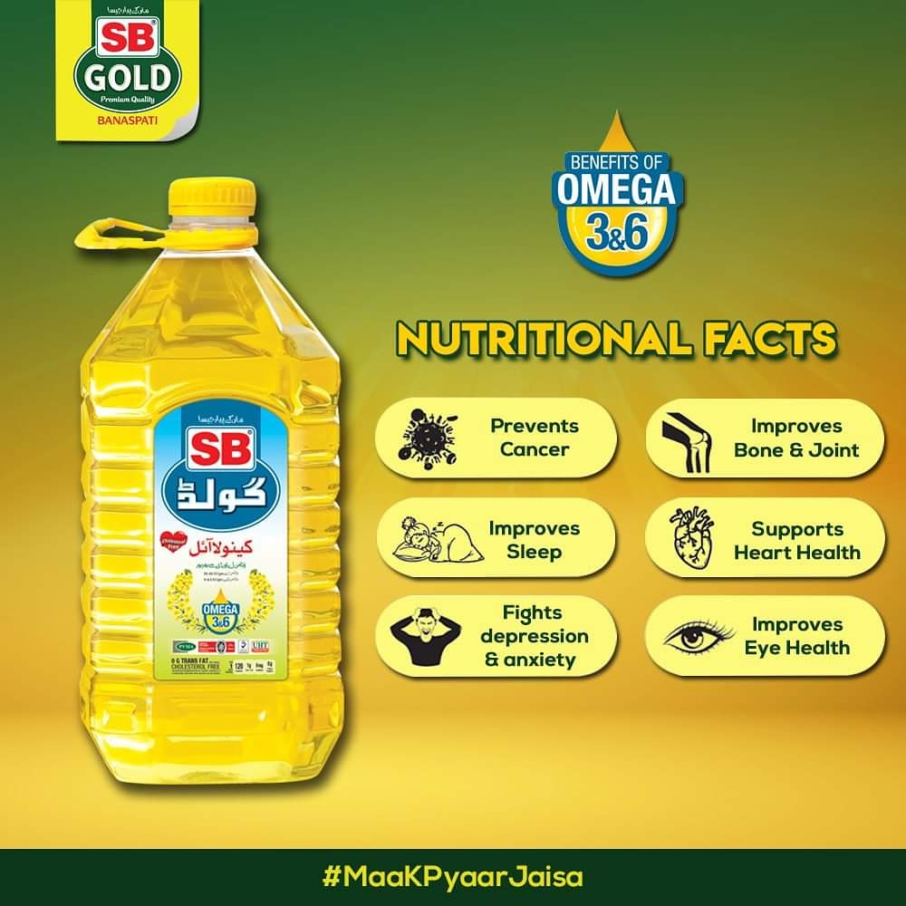 SB GOLD is not just oil but we care for your balanced nutritional amount in every meal you cook.

#sbgold #nutritionalfacts #preventscancer #improvesboneandjoint #improvessleep #supporthearthealth #fightsanxietyanddepression #improveseyehealth #omega3and6 #health #care #banaspati