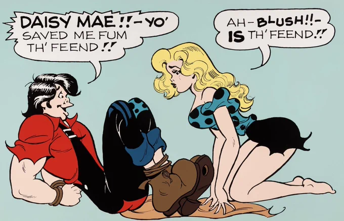 Al Capp's L'IL ABNER. I wrote a brief post on it: https://t.co/o6BXgRBR6M

Readers often compliment me on these mini-essays, which is flattering, but it's basically improv. Ever since I left University I've abandoned that "opening-point-conclusion" structure, I prefer looseness. 