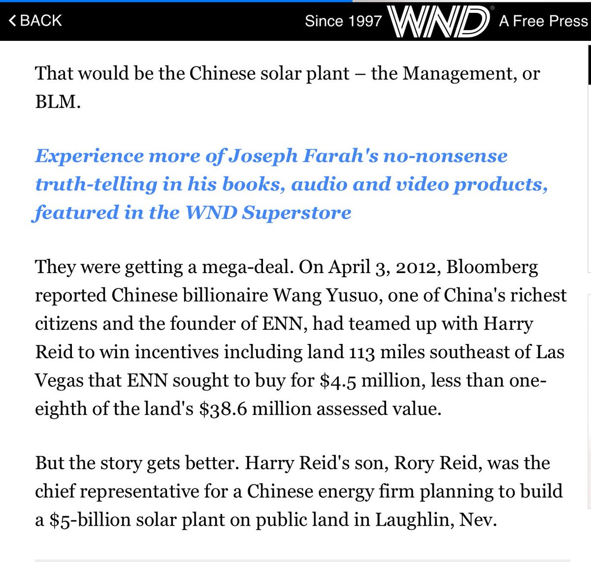 2012 Mega-Deal: BLM (Bureau of Land Management), Chinese Solar Plant, Harry Reid, ENN’s Chinese Billionaire Wang Yusuo, Las Vegas, Rory Reid (Attorney securing property rights for deal)