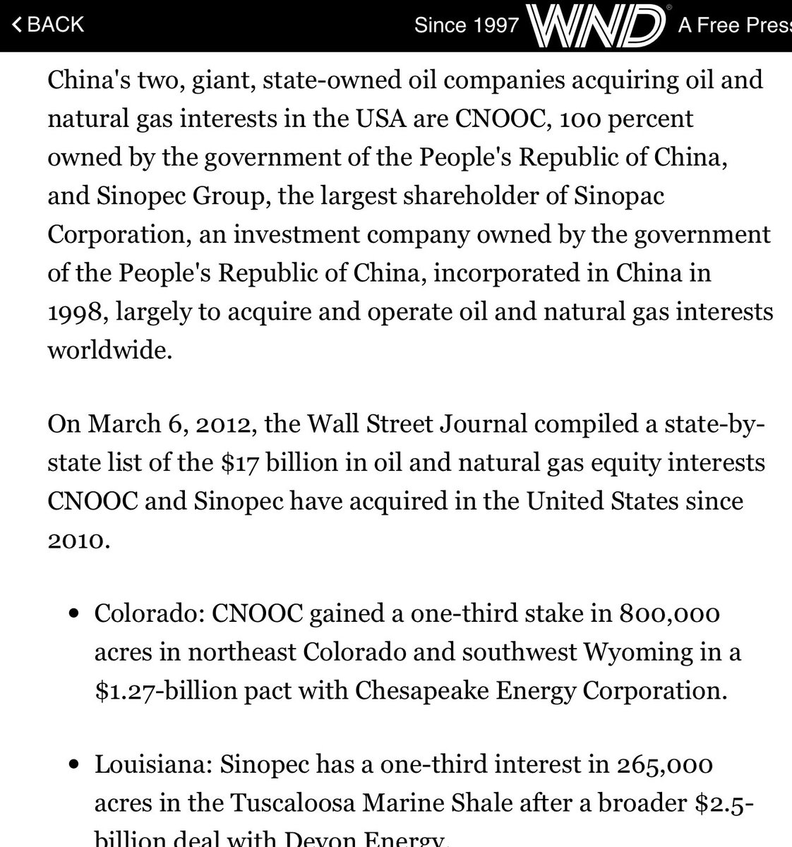 2012: WSJ compiled a state-by-state list of the $17B in oil & natural gas equity interests CNOOC & Sinopec have acquired in the US since 2010:
