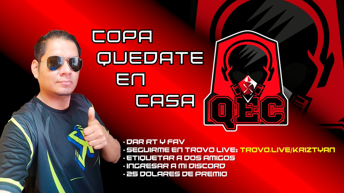 MegáfonoTORNEO QUEDATE EN CASA

Empezamos los torneos con $25 dolares en premios💸💵🤑

Requisitos:

- Dar RT🔁 y FAV❤️
- Seguirme: trovo.live/Kriztyan
- Etiquetar a 2 amigos y comentar tu usuario de TROVO LIVE
- Ingresar a mi discord: discord.gg/vwCPzYZ

#QuedateEnCasa