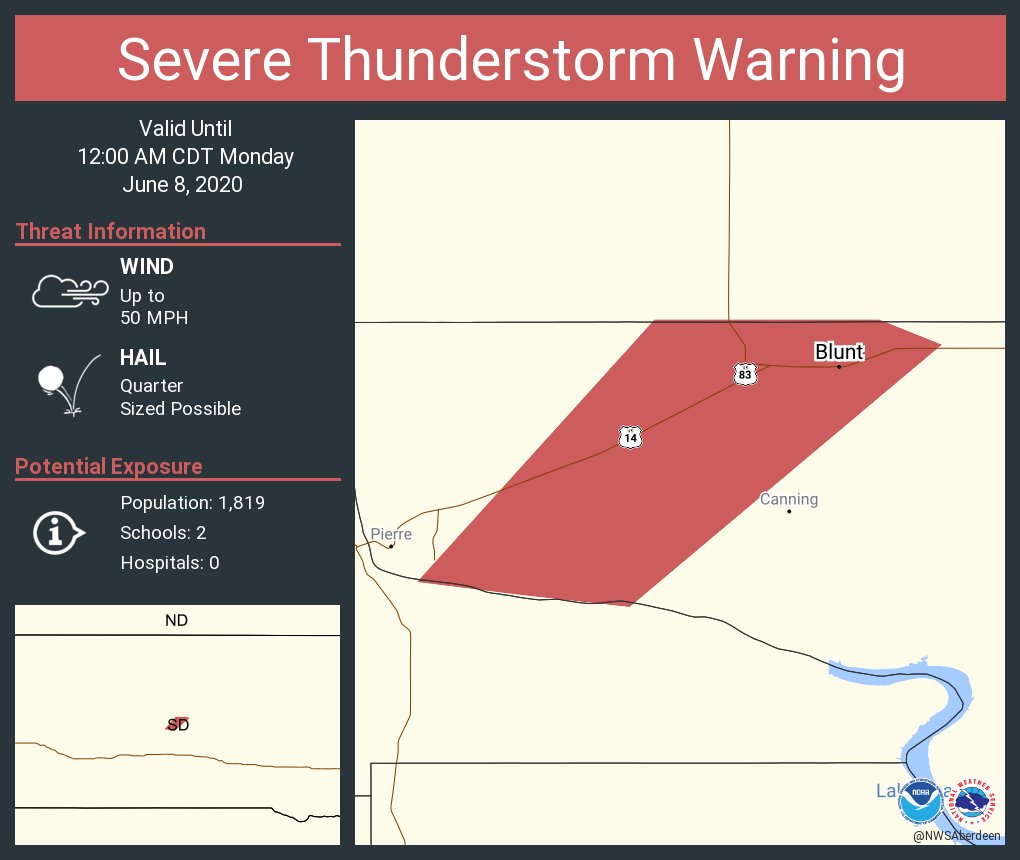 Severe Thunderstorm Warning continues for Blunt SD until 1200 AM CDT