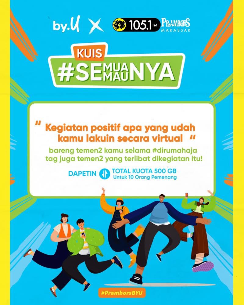 PramborsMKS's tweet photo. Mau dapetin kuota 50 GB dari By.U gratisss???

Reply pertanyaan dibawah ini dengan format NAMA/USIA/KOTA/JAWABAN/HASHTAG #SemuanyaSemaunya #PramborsBYU

Tungguin pengumuman pemenangnya setiap hari Jumat ya! https://t.co/e2EpDXb5Mw
