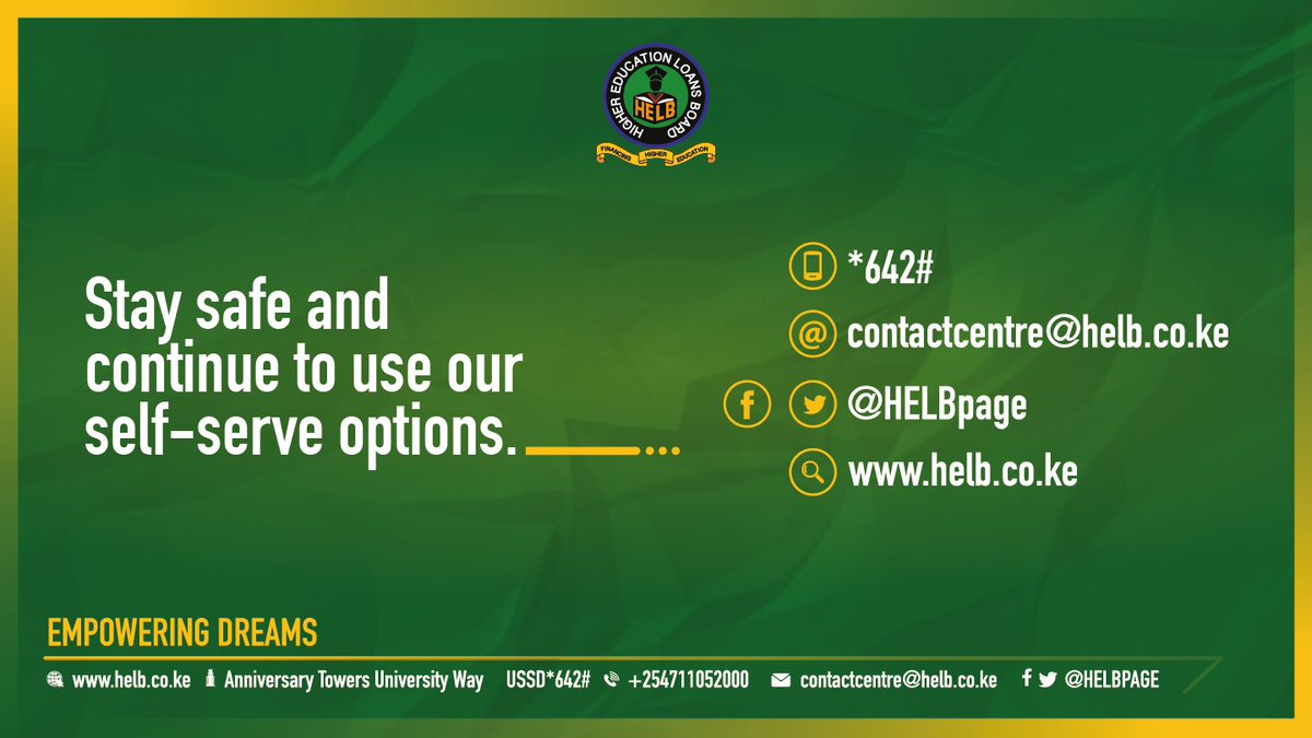 HELBpage's tweet photo. The fight to #KomeshaCorona continues! Access our self-serve options from the comfort of your home so that you can #StaySafe. They are available via USSD, the HELB app, social media and the HELB portal. https://t.co/4VlfHw11c0