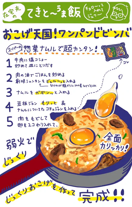 【おこげ天国ワンパンビビンバ?】スーパーの惣菜ナムルを使うと超簡単でオススメです!夫はカップ麺の時間とか離乳食の分量とかはキッチリはかるんですが、料理の分量はてきと〜?でもとても美味しくてちょっと悔しいです?#夫のてきと〜うま飯#おうちごはん #料理記録 