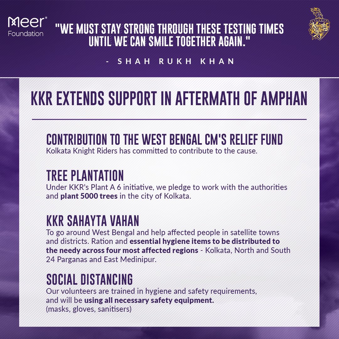 .@KKRiders and #MeerFoundation have stepped forward to help the people of West Bengal overcome the crisis due to the #AmphanCyclone. With each relief measure, we hope to make a lasting difference to help the state and city get back on their feet. #PrayForWestBengal