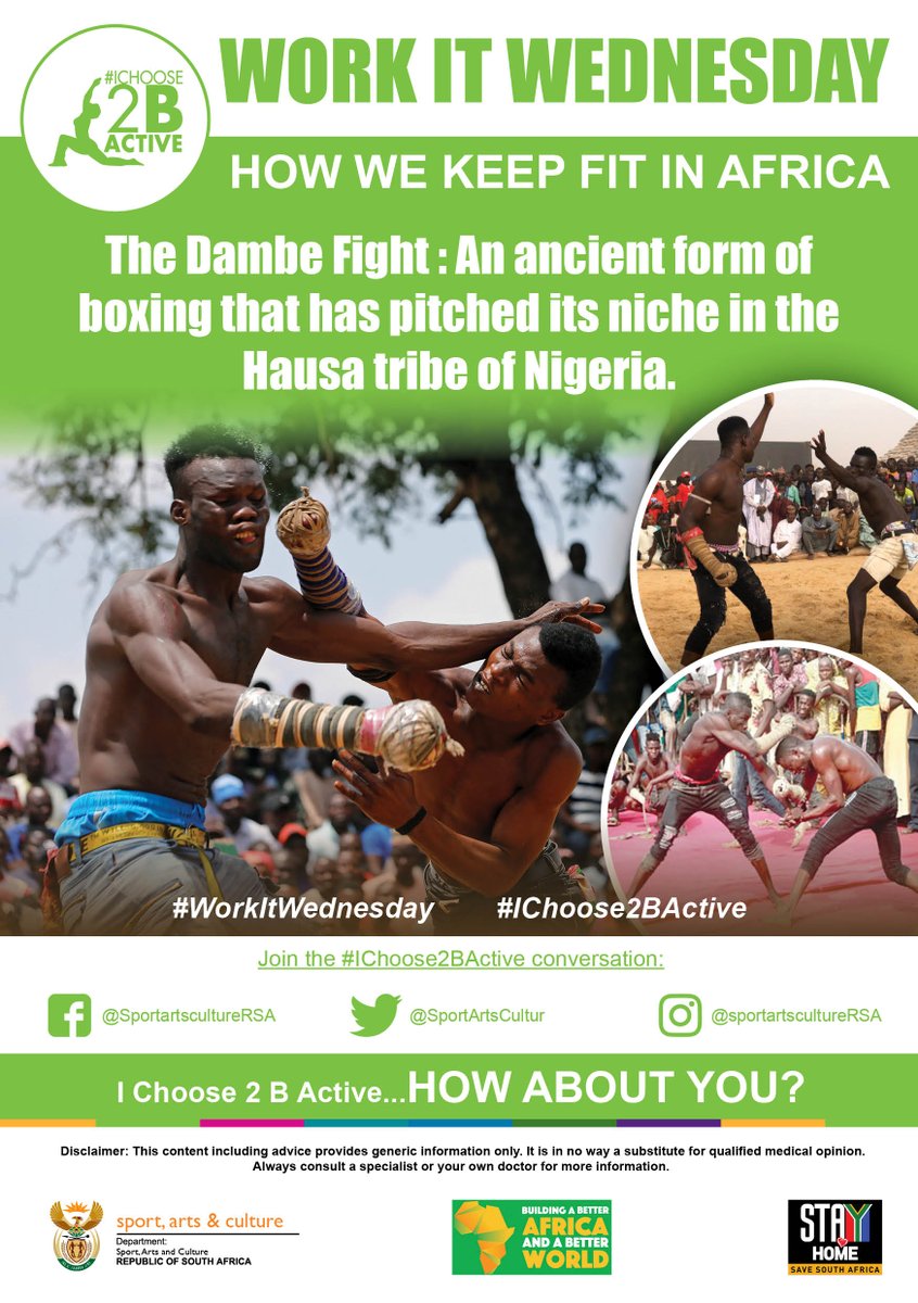 WORK IT WEDNESDAY - 

HOW WE KEEP FIT IN AFRICA -
The Dambe Fight : An ancient form of boxing that has pitched its niche in the Hausa tribe of Nigeria.

I Choose 2 B Active...HOW ABOUT YOU?

#WorkItWednesday
#IChoose2bActive
#Covid_19 
#StayHome