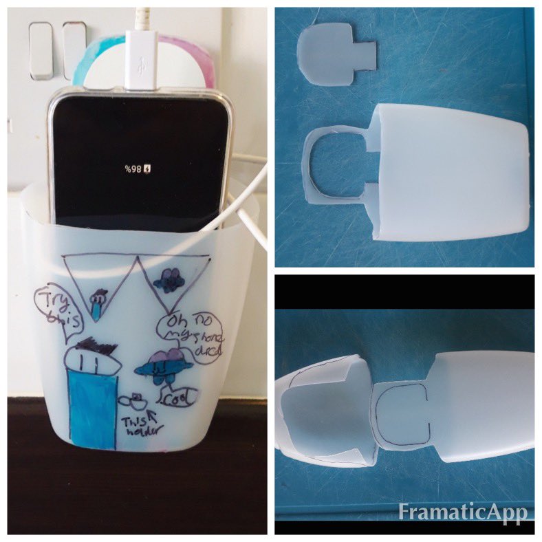Our young designer, William Francis' up cycled milk bottle; designed to be a phone holder as part of his sustainable plastics project! 👏👏👏