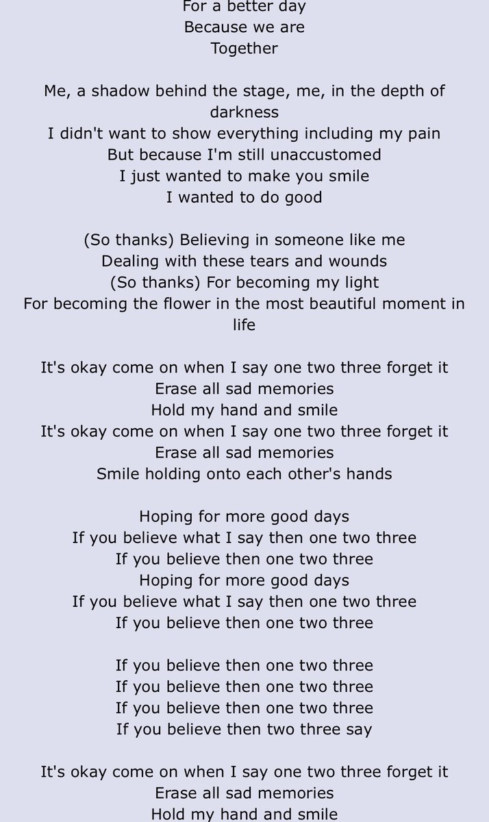 2!3! Is one of my favorite songs. This song is like a healing for armys. It’s always there for you and it makes u smile. It basically tells u how bts are there for u and want u to be happy. They say “ its okay c’mon when i say 1,2,3 forget it” they want to heal our sadness