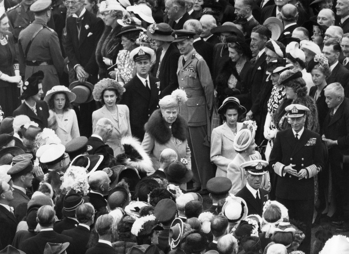 The Queen has been attending Garden Parties for many years.This photograph shows The Queen and The Duke of Edinburgh, then Princess Elizabeth and Lieutenant Mountbatten, with other Members of the Royal Family at a Garden Party soon after their engagement was announced in 1947.