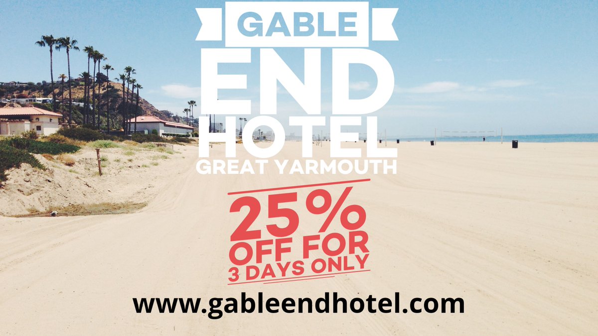 Greetings to everyone!We are giving away 25%OFF on all bookings made from today.This PROMO is for 3 DAYS only.All bookings are REFUNDABLE! SAVE MORE this SUMMER.T&C apply. Visit gableendhotel.com or call us at +44 01493842112 for more info. Thank you and stay safe everyone.