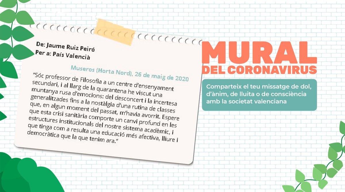 📚Un canvi profund en el sistema acadèmic per a una l'educació més afectiva i lliure. ✅Aquest és el desig de Jaume, veí de Museros. I tu, vols deixar el teu missatge? 
🗣️T'escoltem! 
#MuralDelCoronavirus: un espai lliure per a compartir els pensaments. 
➡️bit.ly/Mural_coronavi…