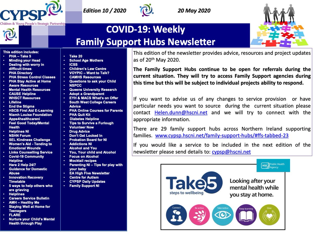 NEWSLETTER: You can avail of the latest @CYPSP Newsletter here which includes Coronavirus advice and support, information regarding mental health, and Family Support Hubs (see photo). Click the link below to download: 

cypsp.hscni.net/download/docum…