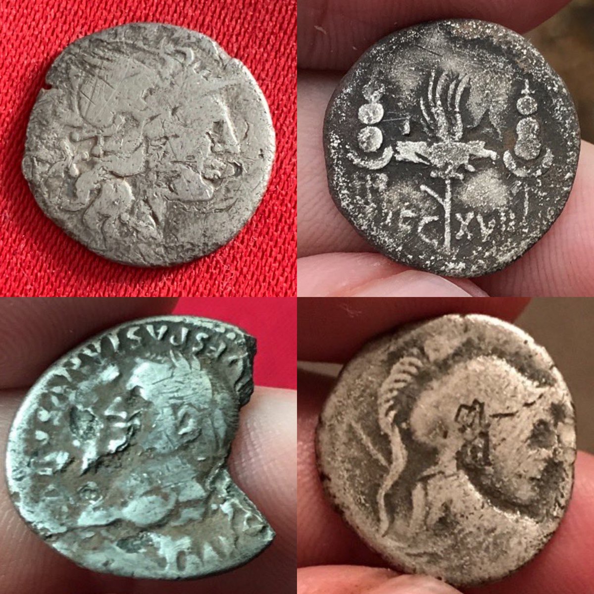 The 6 denarii in question. The oldest is top left. This one is a denarius of the Roman Republic & it was minted in Rome in 138 bc!! On the right of it is one of my favourite finds. Although I try not to have favourites, this one is. It’s a legionary denarius of Mark Antony...