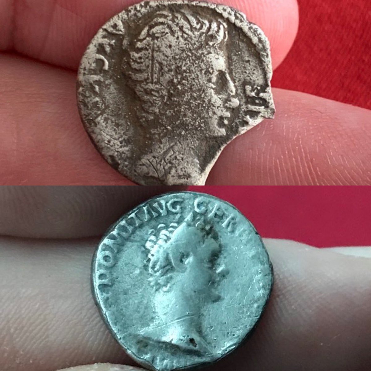 The 6 denarii in question. The oldest is top left. This one is a denarius of the Roman Republic & it was minted in Rome in 138 bc!! On the right of it is one of my favourite finds. Although I try not to have favourites, this one is. It’s a legionary denarius of Mark Antony...