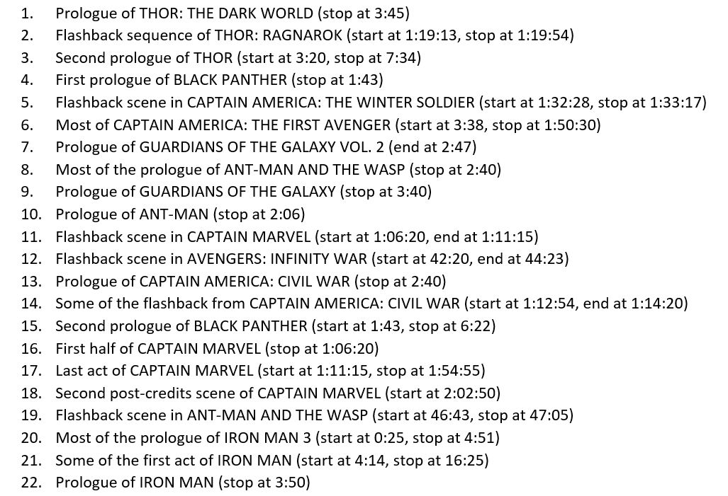 Well nerds, I fuckin' did it.Took me a global pandemic and a damn quarantine, but I did it.I figured out the precise chronological order of all the MCU movies (so far) BY SCENE.I'm out of my Goddamn mind. You're welcome.