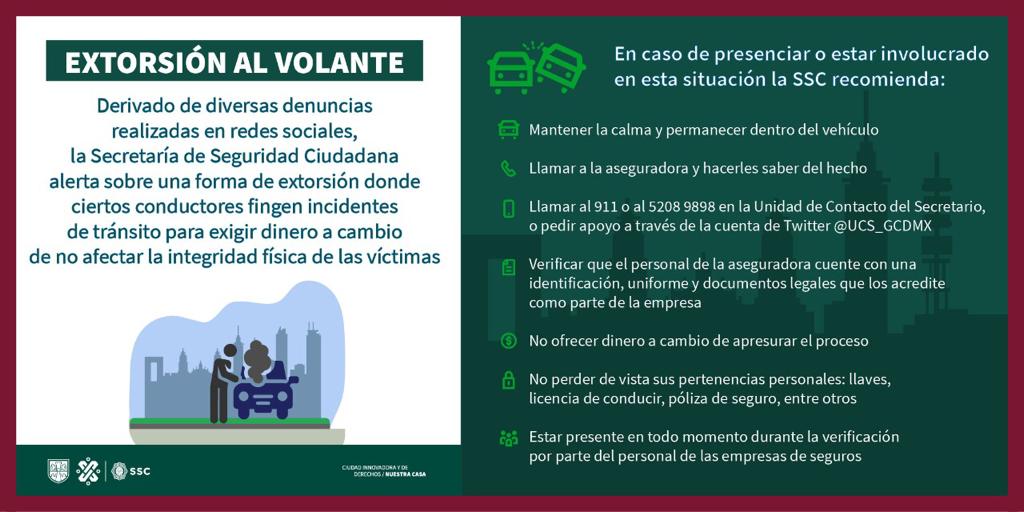 OVIALCDMX's tweet photo. Si estás involucrado o eres testigo de un incidente de tránsito en el que exigen dinero a cambio de no afectar tu integridad física o patrimonial, te invitamos a seguir estas recomendaciones: 
https://t.co/PdfyT43azW https://t.co/tz1cx4PtAr