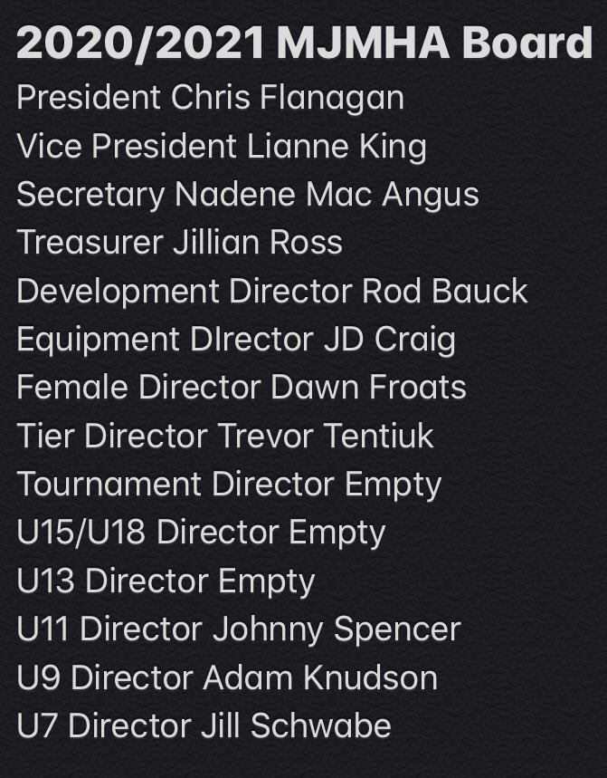 Zoom AGM was a success!! Thanks to everyone who participated and for being patient during the meeting. Thank you to the out going board members who volunteered during last season. Welcome new board members! We have a couple spots empty, so if you wish to join contact minor hockey