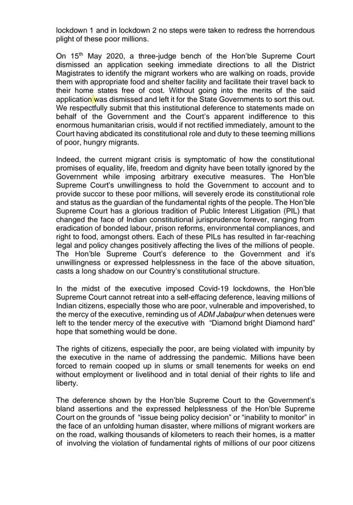 BhadraSinha's tweet photo. Twenty sr advs wrote to #supremecourt on Monday night, urging it to take cognizance of #MigrantsOnTheRoad https://t.co/b75fsY9oZE
