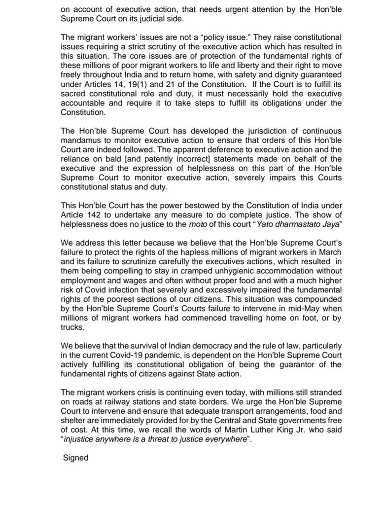 BhadraSinha's tweet photo. Twenty sr advs wrote to #supremecourt on Monday night, urging it to take cognizance of #MigrantsOnTheRoad https://t.co/b75fsY9oZE