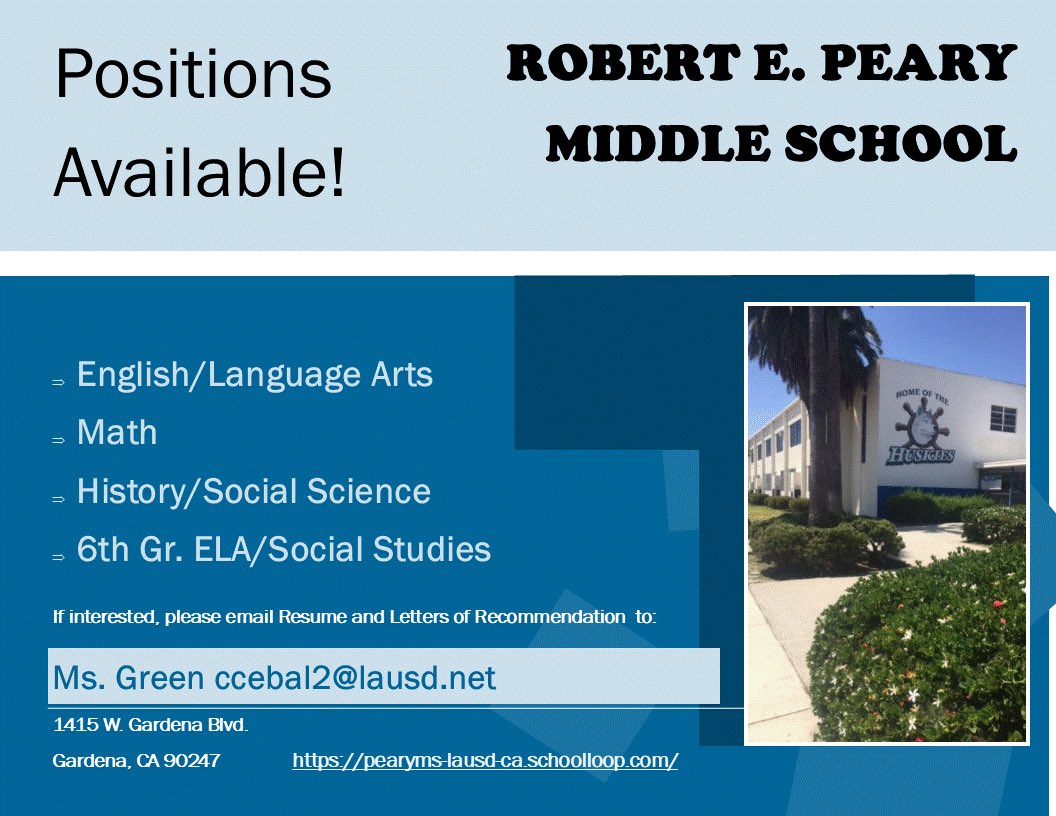 Peary Middle School is looking for dynamic teachers for the 2020-2021 school year!