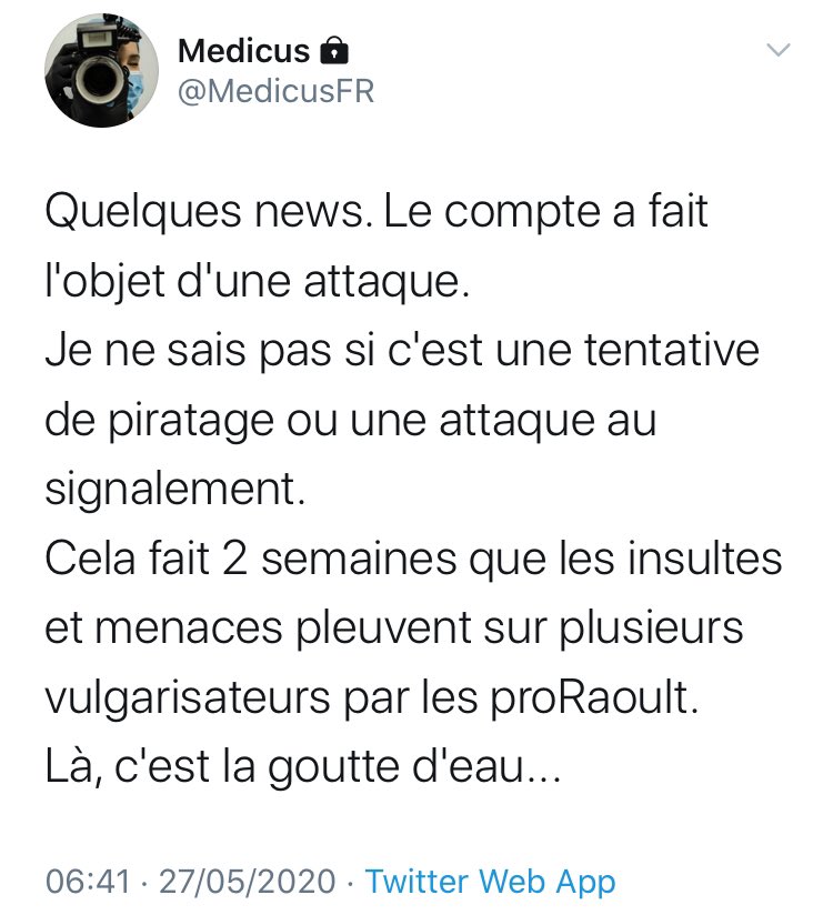 N_Henin's tweet photo. Le compte @MedicusFR, qui s’est illustré ces derniers mois par la qualité de ses informations sur la #COVID__19, est passé en mode « protégé » et annonce son départ de @TwitterFrance d’ici ce soir suite à des attaques et menaces.
Merci à ses auteurs.
Honte à ses agresseurs. https://t.co/XJdTPecpYT