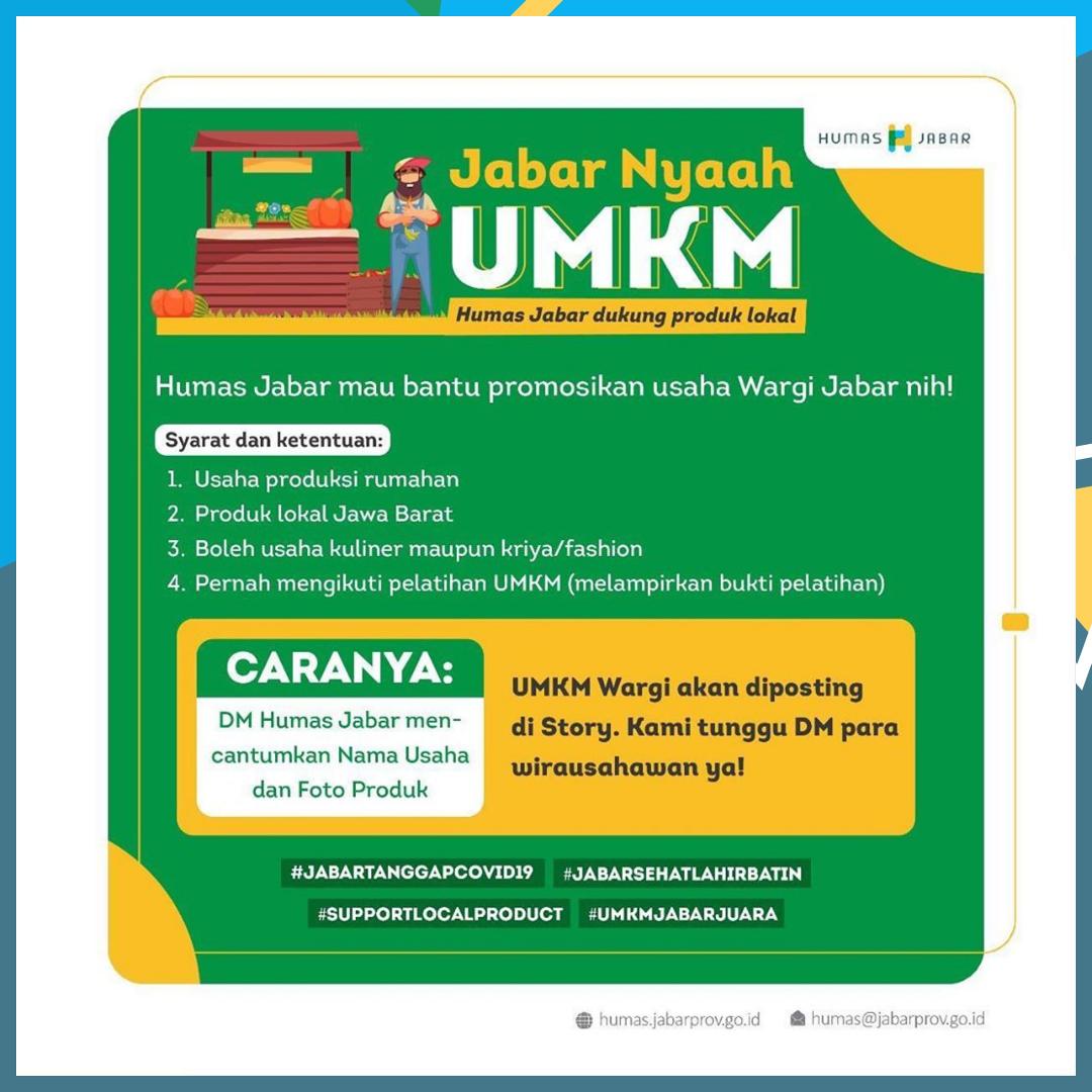 diskominfojabar's tweet photo. Sobat Diakom!
.
Di tengah pandemi Covid-19 ini, #Timhumasjabar memberikan kesempatan bagi pelaku UMKM di Jabar untuk kami promote usaha nya di Instagram Story Humas Jabar👌
.
Syarat dan ketentuannya bisa sobat perhatikan baik-baik dalam infografis di atas yaa😊 https://t.co/W7iWzLvlFR
