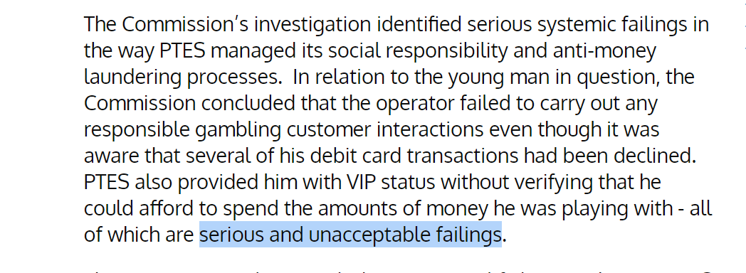 The regulator says it took the unusual step of completing the investigation and publishing the findings even though PTES's owner Playtech was surrendering the licence - due to Chris's suicide: