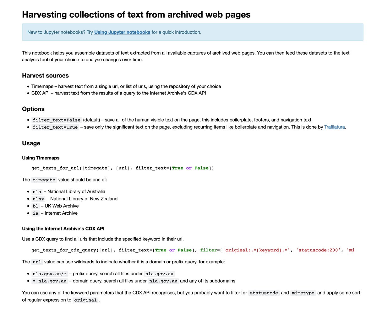 You can also use the CDX API to harvest all the text from a selection of web pages. The API accepts regular expressions, so you can look for words in urls. Here's a notebook for generating text datasets from web archives:  https://nbviewer.jupyter.org/github/GLAM-Workbench/web-archives/blob/master/getting_text_from_web_pages.ipynb