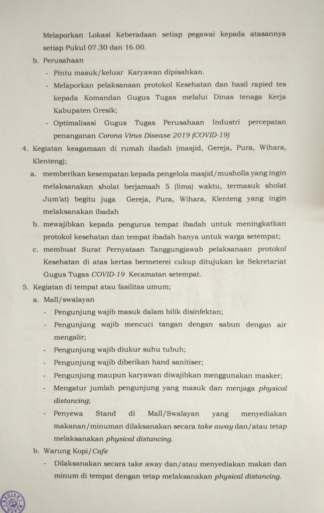 infoGRESIK's tweet photo. Penegakan Protokol Kesehatan (PPK) dalam PSBB Jilid III di Kabupaten Gresik yang mengatur aktivitas di sekolah, perusahaan, tempat ibadah, dan fasilitas umum sesuai Surat Edaran Bupati Gresik No. 2 tahun 2020 tanggal 25 Mei 2020.

Menuju "New Normal"? https://t.co/TAL3tLPBDG
