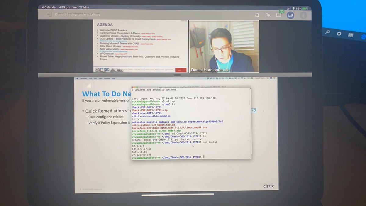 CraigaStones's tweet photo. ANZ CUGC Tech update and demo to checking the ADC Vulnerability with Daniel Hardjopranoto @GoIvanti @CitrixANZ #mycugc #mcugc ##anzcugc https://t.co/jzIds9gYEJ