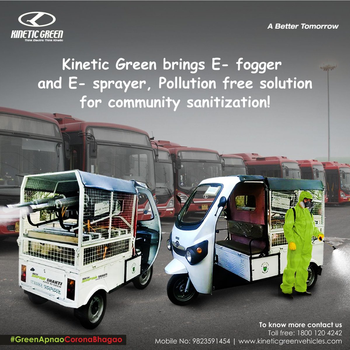 KineticgreenEV's tweet photo. Kinetic Green to ensure the germ free public roads with environmental friendly foggers & sprayers mounted on electric Three Wheeler.
Toll free: 1800 120 4242
#GreenapnaoCoronabhagao #IndiaFightsCorona #Efogger #Esprayer #staypositive #stayhealthy #VocalforLocal #AtmanirbharBharat https://t.co/hODLT07CEw