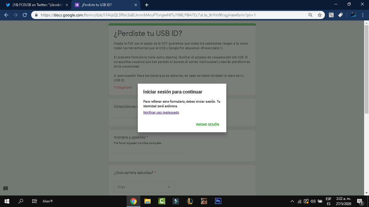 carmainhd2's tweet photo. @FCEUSB hola buenas, la pagina esta bugueada me sale que inicie seccion para porder completar el formulario, le doy y le doy a iniciar seccion y solo carga el mismo mensaje https://t.co/cabOzFAlSv