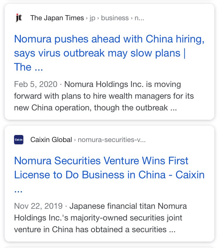3/ The largest acquisition of the quarter was by “Nomura Securities” (foreign)Well well - Nomura ALSO just secured approval to launch Chinese Joint Ventures (Nov 2019) & kept advancing in Feb 2020 #QAnon #WWG1WGA