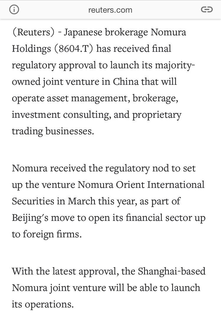 3/ The largest acquisition of the quarter was by “Nomura Securities” (foreign)Well well - Nomura ALSO just secured approval to launch Chinese Joint Ventures (Nov 2019) & kept advancing in Feb 2020 #QAnon #WWG1WGA