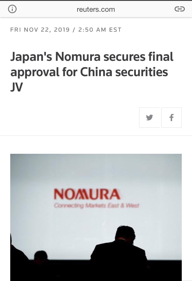 3/ The largest acquisition of the quarter was by “Nomura Securities” (foreign)Well well - Nomura ALSO just secured approval to launch Chinese Joint Ventures (Nov 2019) & kept advancing in Feb 2020  #QAnon  #WWG1WGA