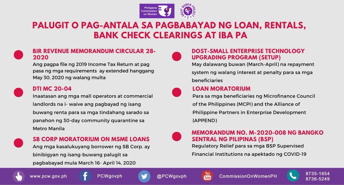 PCWgovph's tweet image. Para sa ating women micro entrepreneurs, narito po ang mga dapat tandaan ukol sa palugit o pag-antala sa pagbabayad ng loan, rentals, bank check clearings at iba pa:

#WEEwillSurvive #WEEcanbeatCOVID19 #WEEcandoit