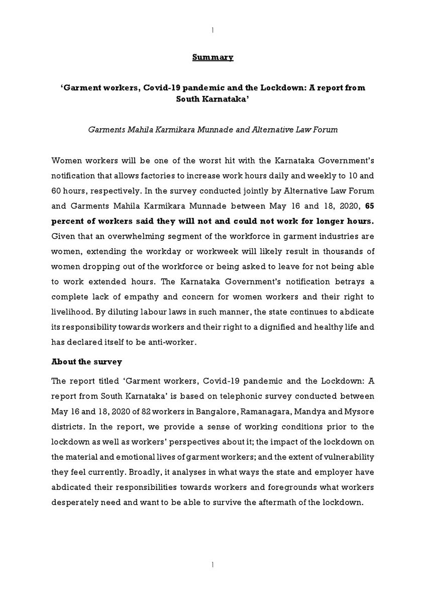 1/n The Ktka Govt recently issued an order exempting factories from the factories act, allowing for 10 hour work days. In a survey we conducted with Garments Mahila Karmikara Munnade, 65% of workers said they will not & could not work for longer hours.