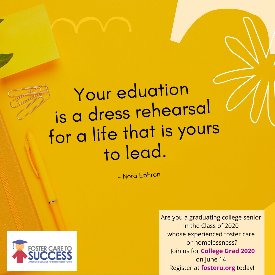 Your #education is everything!

#college #collegegrads #Classof2020 #thefuture #fostercare #homelessness #homelessstudents #hope

fosteru.org

Foster Care to Success
