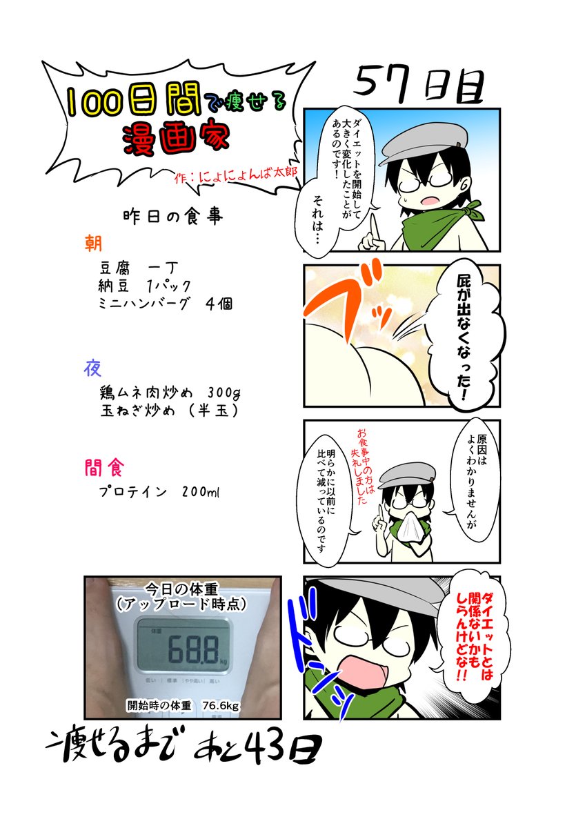 「100日間で痩せる漫画家」
57日目
(毎日19時頃アップします!)

へ～

#100日間で痩せる漫画家
#ダイエット 